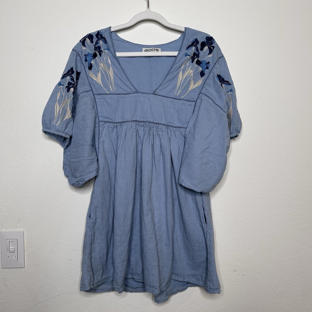 Womens Cottagecore Mini Dress Blue Embroidered Floral Peasant Style Sz XS Cotton